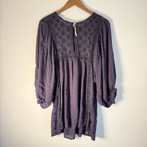 Free People Purple Embroidered Boho Tunic Dress Womens Large Long Sleeve - Picture 6 of 11